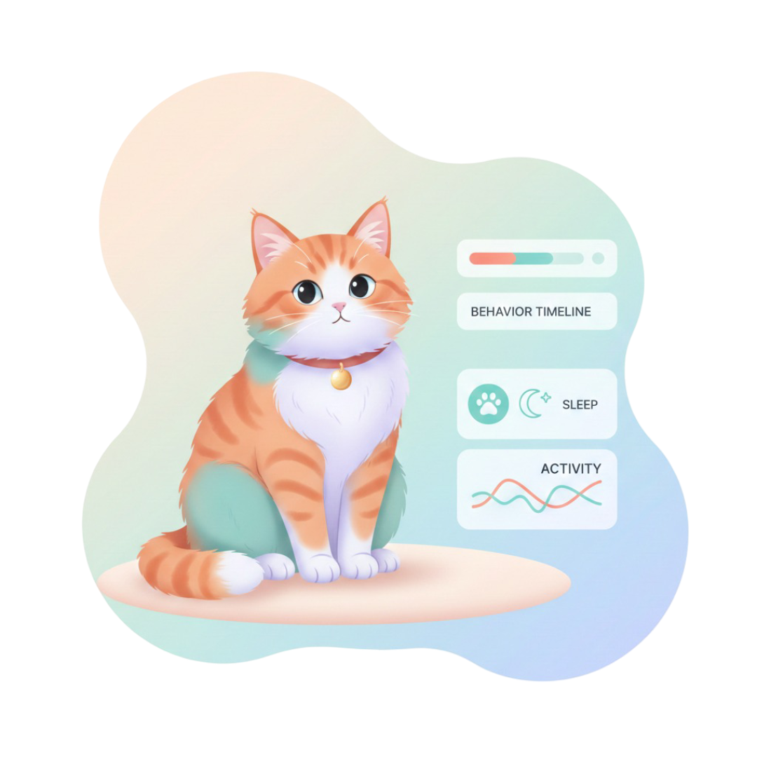 Indoor cat wearing a small smart collar tag with CatSense behavior insights displayed on a mobile device